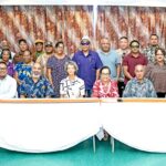 At the launch of the new END funding program through the Compact of Free Association. VIPs seated, from left: END co-chairs, Minister of Culture and Internal Affairs and Bikini Nitijela Member Jess Gasper Jr., and the Ailuk Nitijela Member and Presidential Envoy for Nuclear Justice and Human Rights David Anitok, US Ambassador Laura Stone, President Hilda Heine, Speaker Brenson Wase and Council of Irooj Vice Chair Irooj Farrend Zackious. They are surrounded by leaders from numerous outer islands involved in the END program as well as National Nuclear Commission representatives. Photo: Chewy Lin.