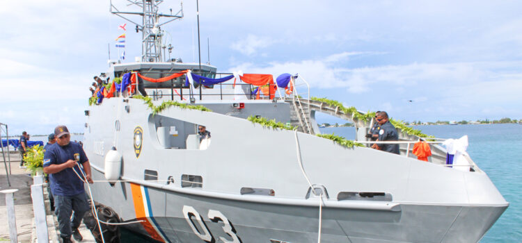 Sea Patrol officers help secure the Jelmae to Delap Dock on its arrival for a welcome ceremony March 25. Photo: Giff Johnson. Jelmae welcomed in Majuro