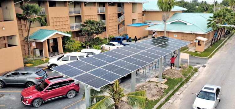 A drone view of the new solar structure that is being built in the Marshall Islands Resort parking lot. Photo: Green Energy Solutions. Taiwan backs new solar project